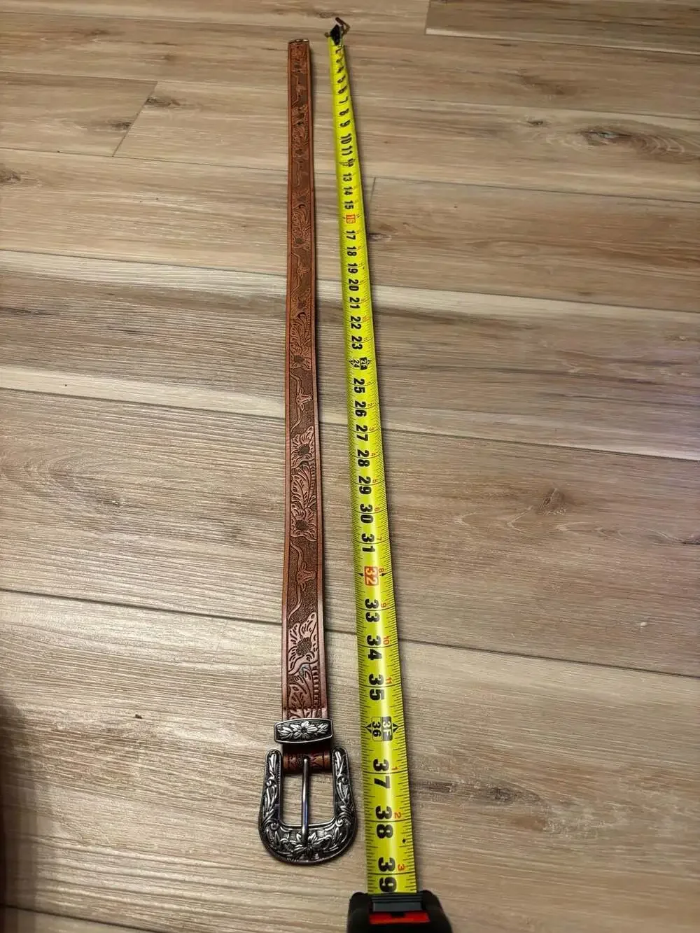Western Floral Carved Brown Leather Belt with Longhorn Design and Metal Buckle S